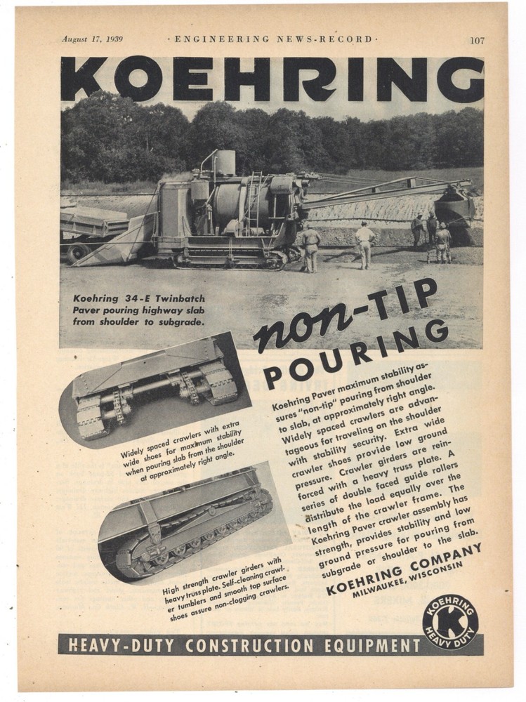 1939 Koehring Co. Ad: Model 34-E Twinbatch Paver, Closeup Pics Crawler Section