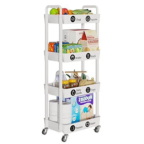 Storage Carts,Multifunction Utility Rolling Cart Kitchen Storage 4-Tier White