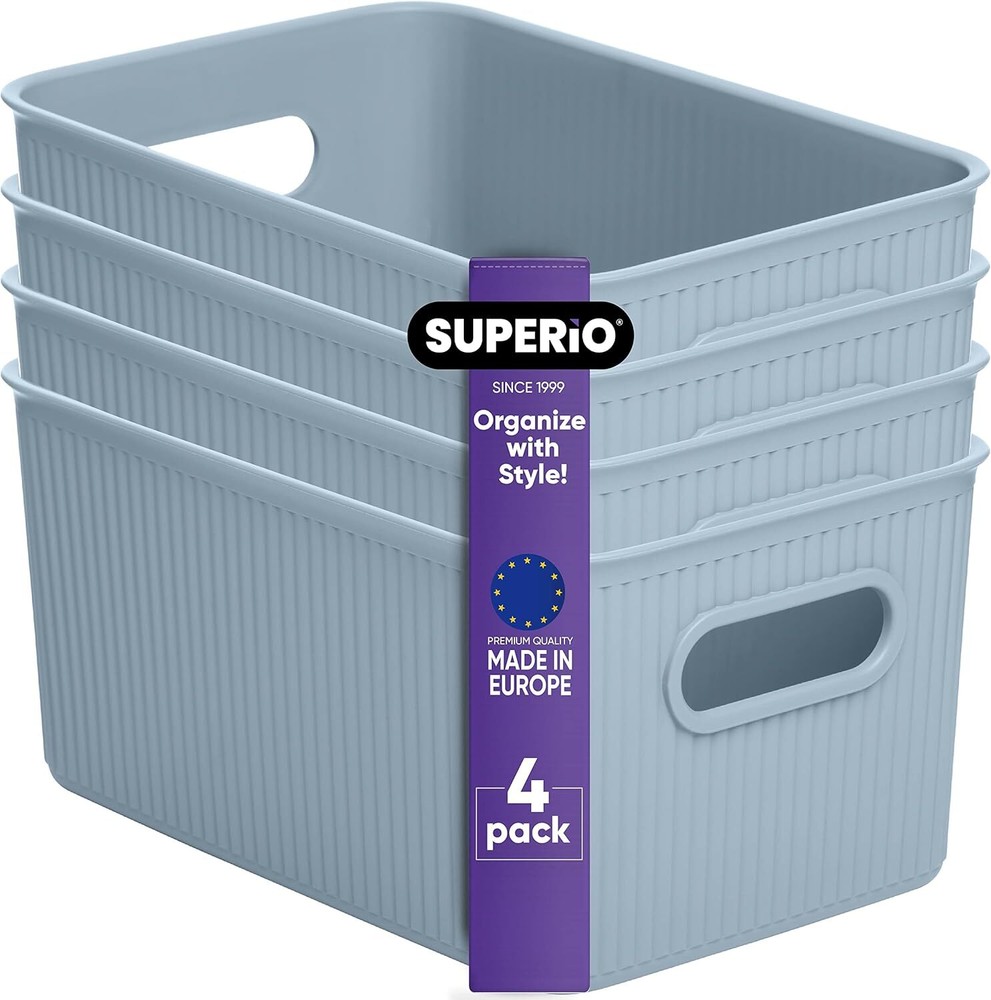 Superio 5L Small Ribbed Storage Bin- Plastic Storage Bin  (4 Pack, Stone Blue)