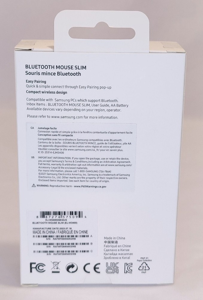 Samsung EJM3400DSEGUS Slim Bluetooth Mouse - Silver, Ergonomic 1000 DPI 5 Button