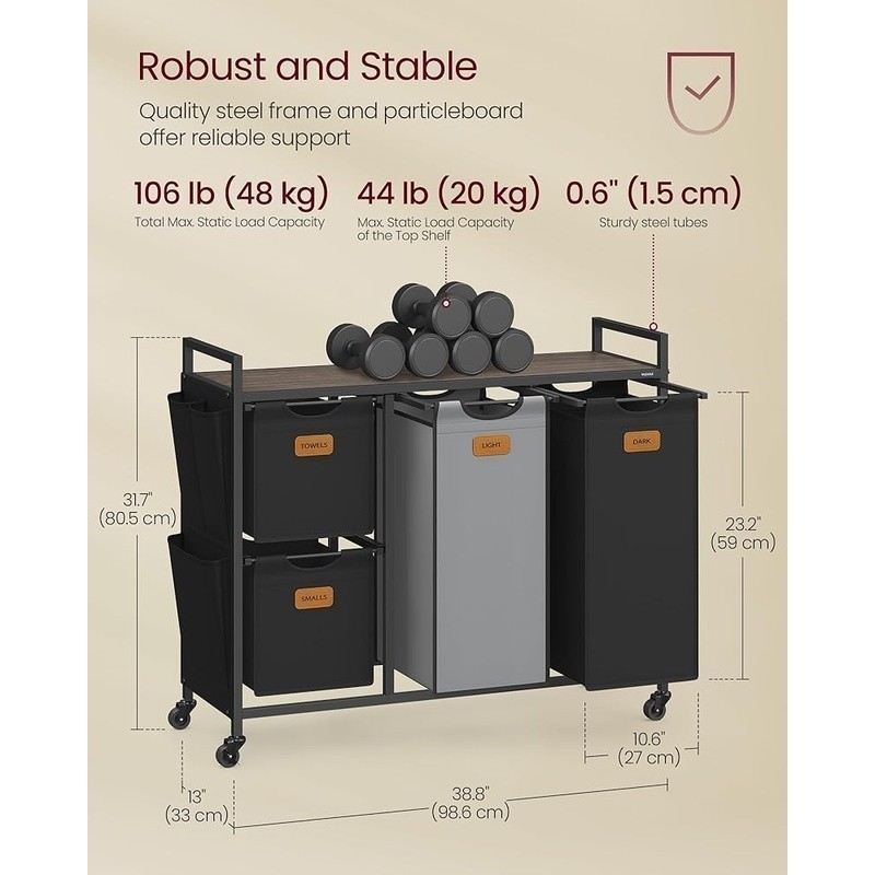 Spacious Mobile Laundry Cart W/ Removable Liners & Sorting Labels 4 Compartments