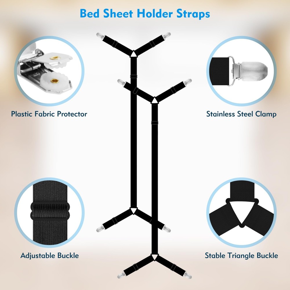 Sheet Straps, Adjustable Fitted Sheet Holder, 2Pcs With Clips, Black