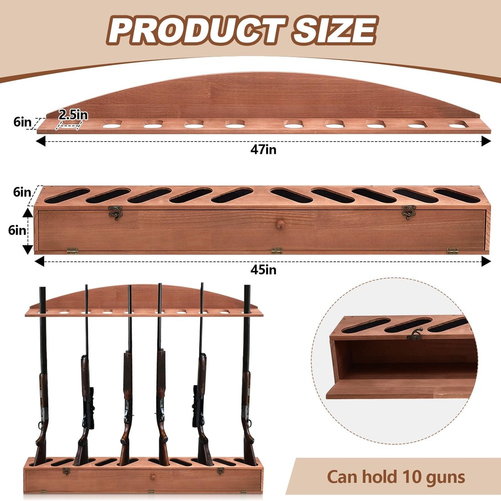 Wenqik Gun Rack with Lockers 10 Holders Solid Pine Wall Mounted Brown