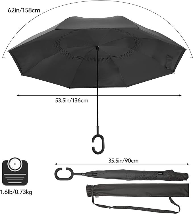 Large Inverted Reverse Umbrella with C-Shaped Handle, Windproof Double Layer Ups