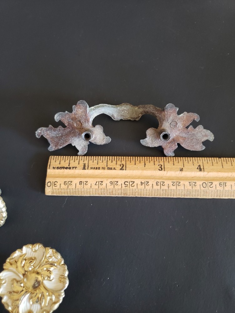 Vintage French Provincial Drawer pulls 6 + 3 matching knobs whitewashed brass