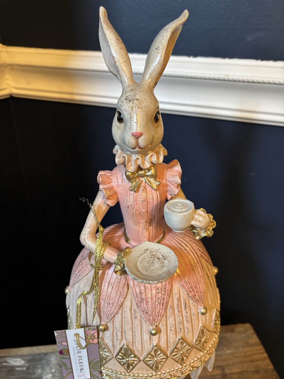 Jolie Fleur Easter Bunny Rabbit Figurine Pink Gold Dress Tea Party  Decor NWT