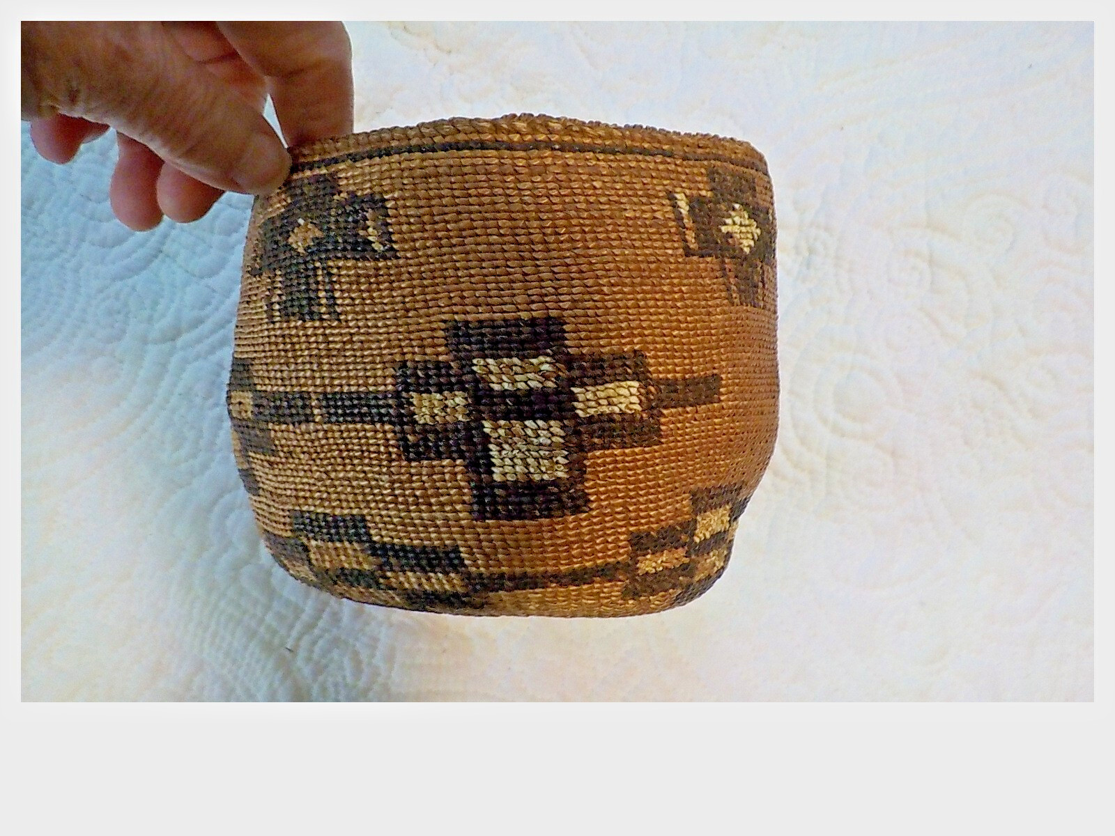 Antique Klamath Basket with Yellow dyed bird quill c. 1900 7" x 5"