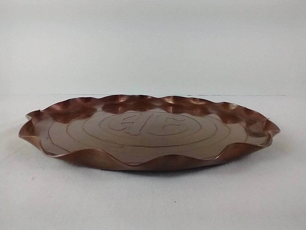 Vintage Solid Copper Dish Monogramed HE 9 3/4 in diameter 1/2 in high