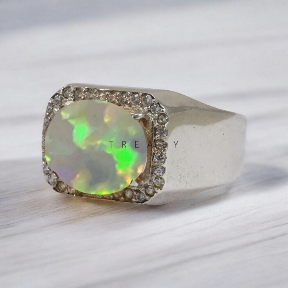 Opal Oval Cut Gemstone With 14K Solid White Gold Ring For Men's #189