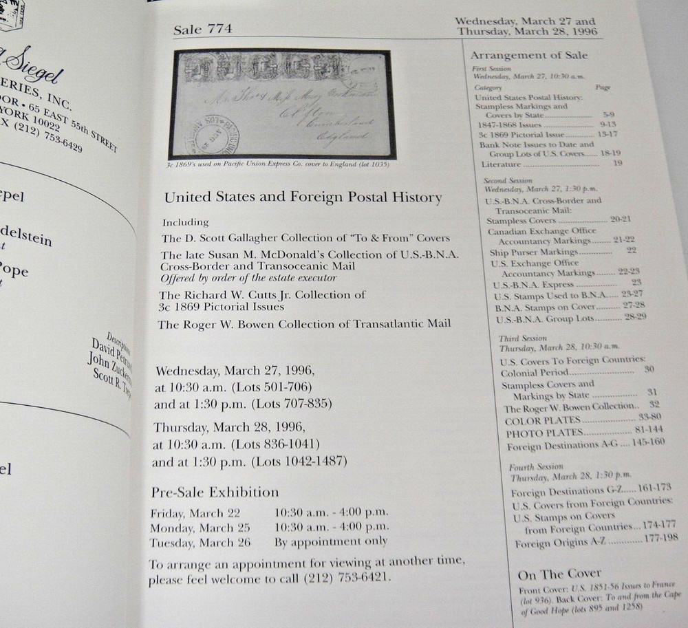 Siegel Auction Catalog w Prices Realized To & From Covers Cutts Collection 1996
