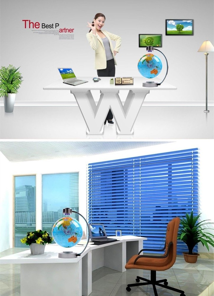 Floating 8" World Map Globe Magnetic Levitation LED Illuminated White