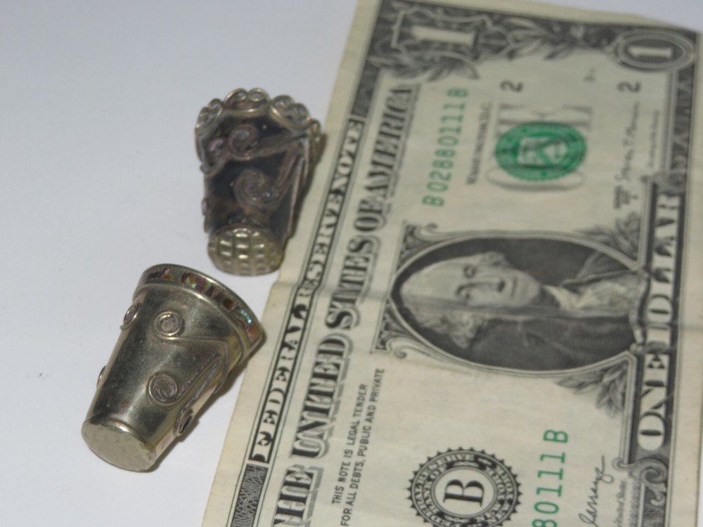 2 Vintage Sterling Silver Sewing Thimbles Abalone Shell Ornate [a327]
