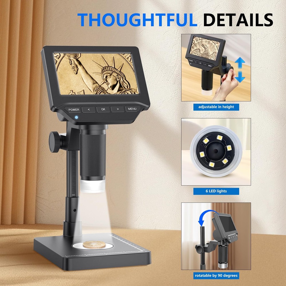 MoreDisp Digital Microscope,4.3" Coin Microscope with Black
