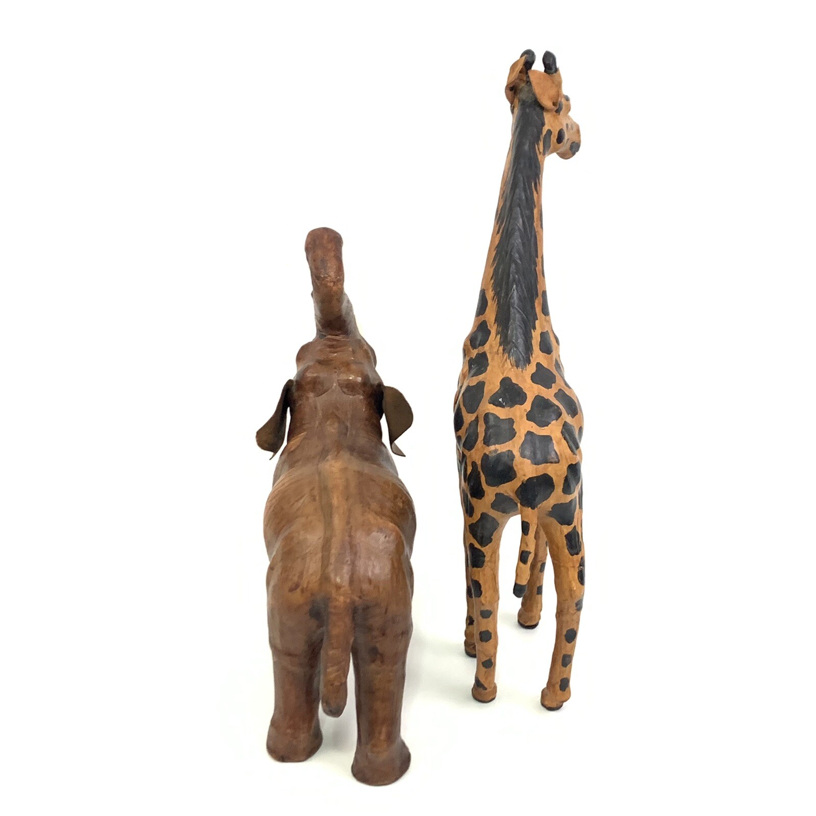 Vintage Elephant & Giraffe Statue Figure Brown Leather Wrapped Home Decor #8627