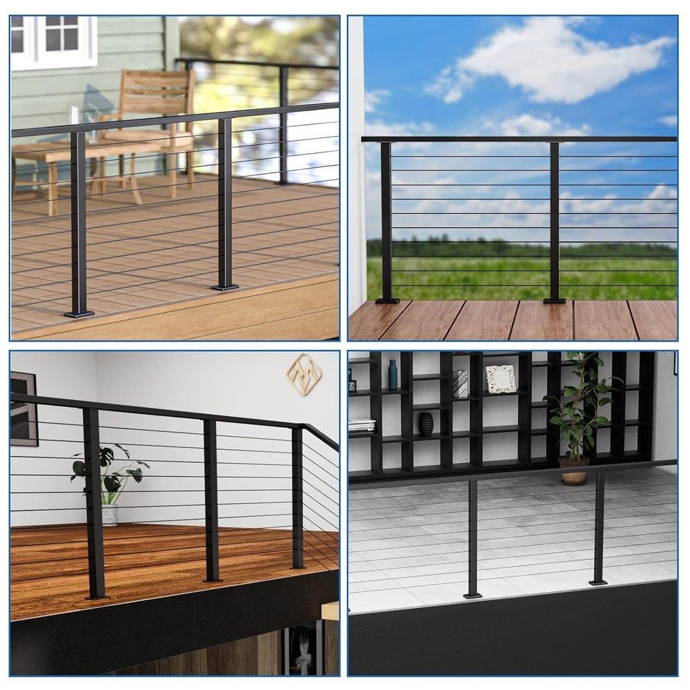 Cable Railing Post 41"x2"x2" Fixed top Level Line Post Mount Black Level Drill