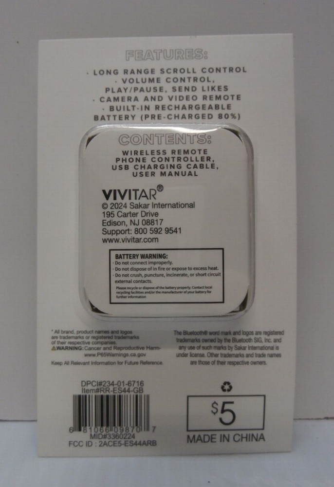 Vivitar Wireless Remote Phone Controller - Bluetooth - Green/White - NEW