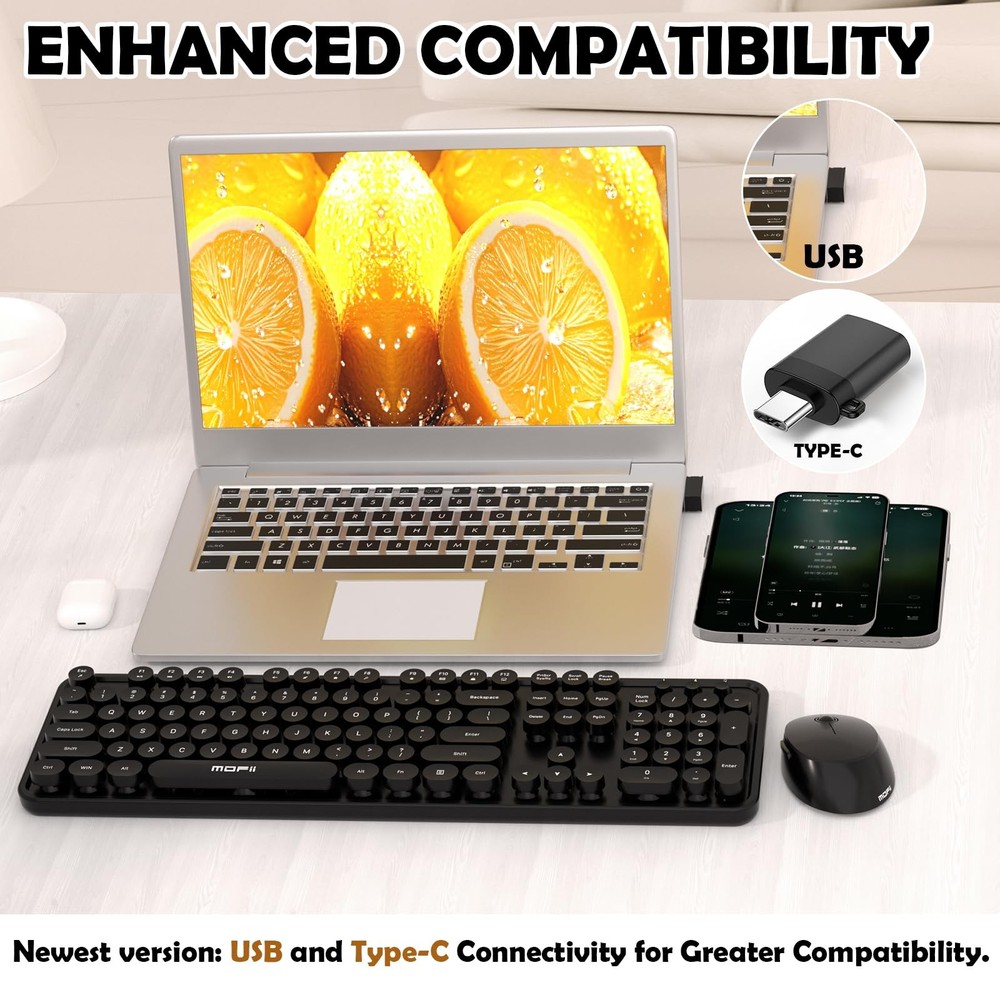 Black 104-Key Full-Size Retro Round Typewriter Wireless Keyboard and Mouse Combo