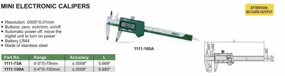 Insize 1111-100A Mini Digital Caliper Range 0-100mm/0-4"