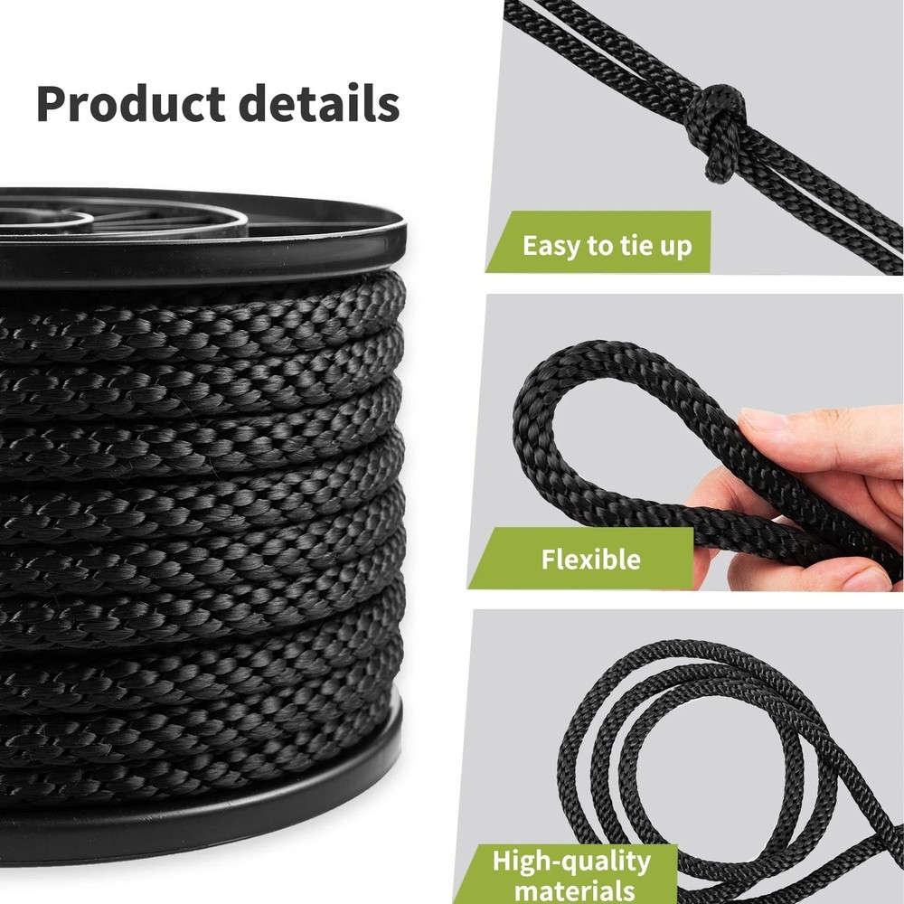 1/2'' 100FT Black Polyester Solid Braid Rope