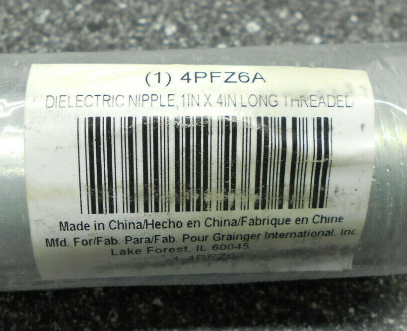 GRAINGER 4PFZ6A 1" x 4"LONG THREADED DIELECTRIC NIPPLE