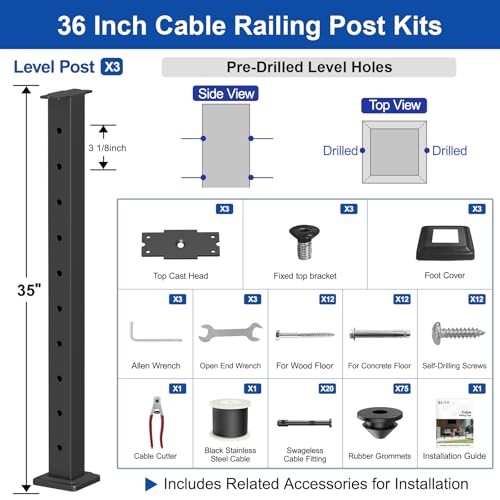 8FT-16FT Complete Set 36" Cable Railing Post Kit, 35"x2"x2" 3 level post kit