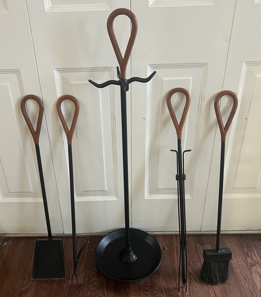 Jacques Adnet Style Leather and Iron Fireplace Set