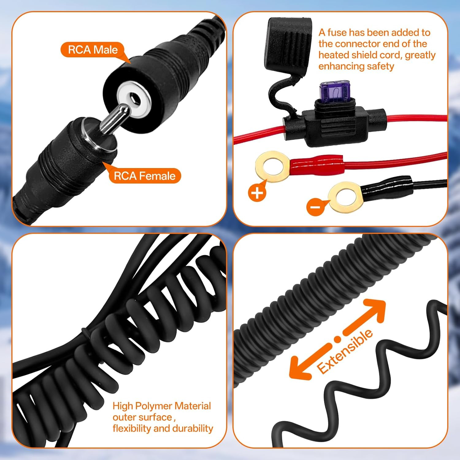 Snowmobile Helmet Heated Shield Cord, RCA Plug Heated Cord for Heated Most Elect