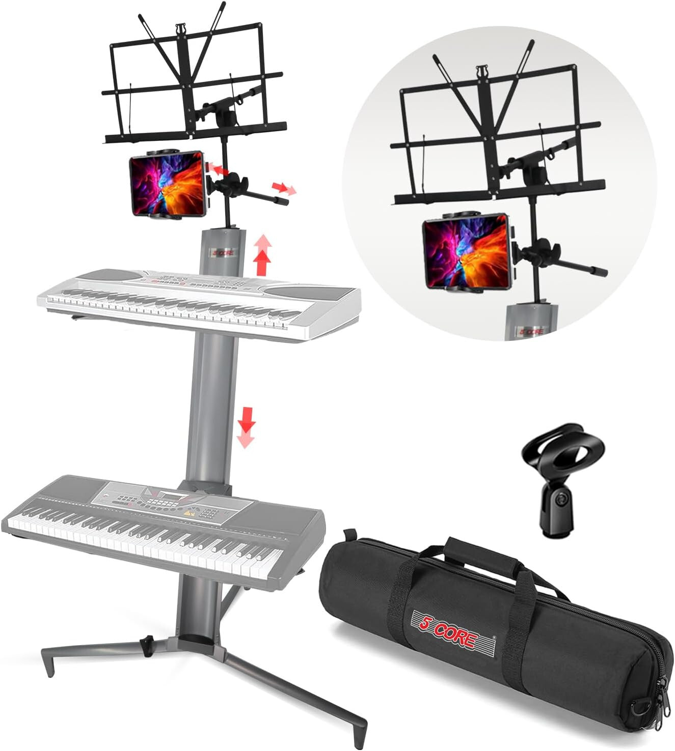 5Core 2-Tier Aluminum Column Keyboard Stand w/Bag, Mic Boom Arm & Sheet Stand