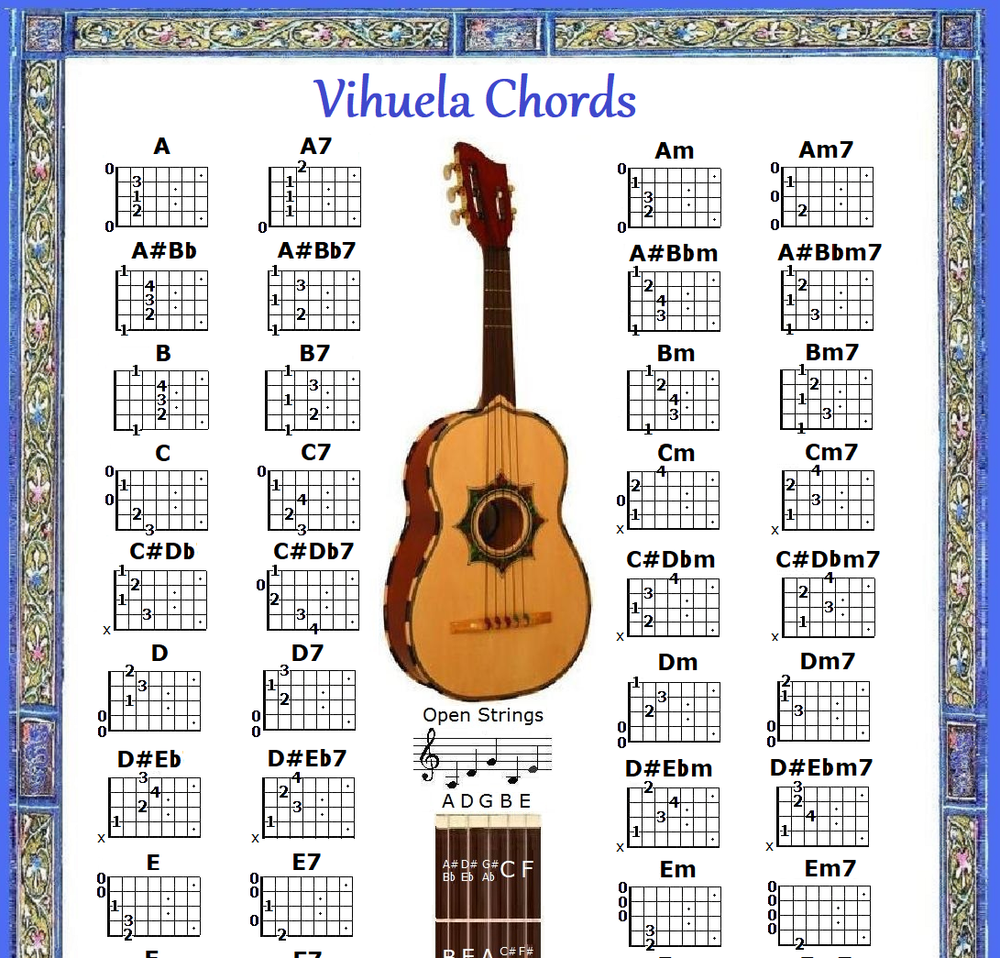 VIHUELA CHORD CHART & NOTE LOCATOR - SMALL CHART