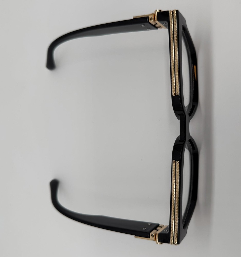Black Designer-Inspired E Eyeglasses w/ Gold Detailing