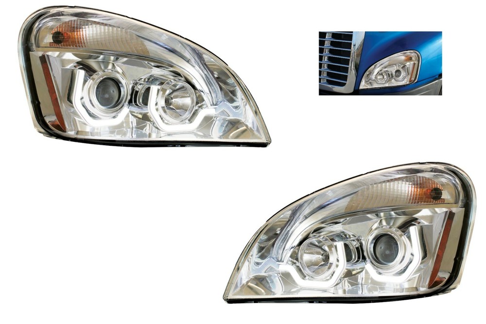 Pair Chrome Projection Headlights W/ LED U-Bar Light for Freightliner Cascadia