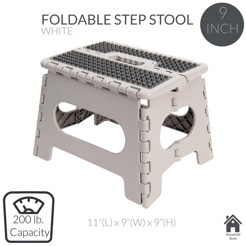 White 9 Anti-Skid Folding Step Stool, Collapsible, 200lb, Portable, Kitchen