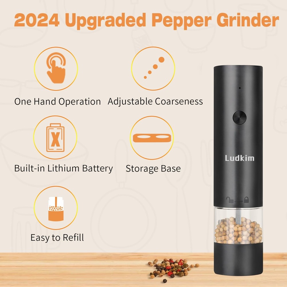 Salt & Pepper Grinder Set- Dual Pack Rechargeable Automatic Pepper Mill with ...