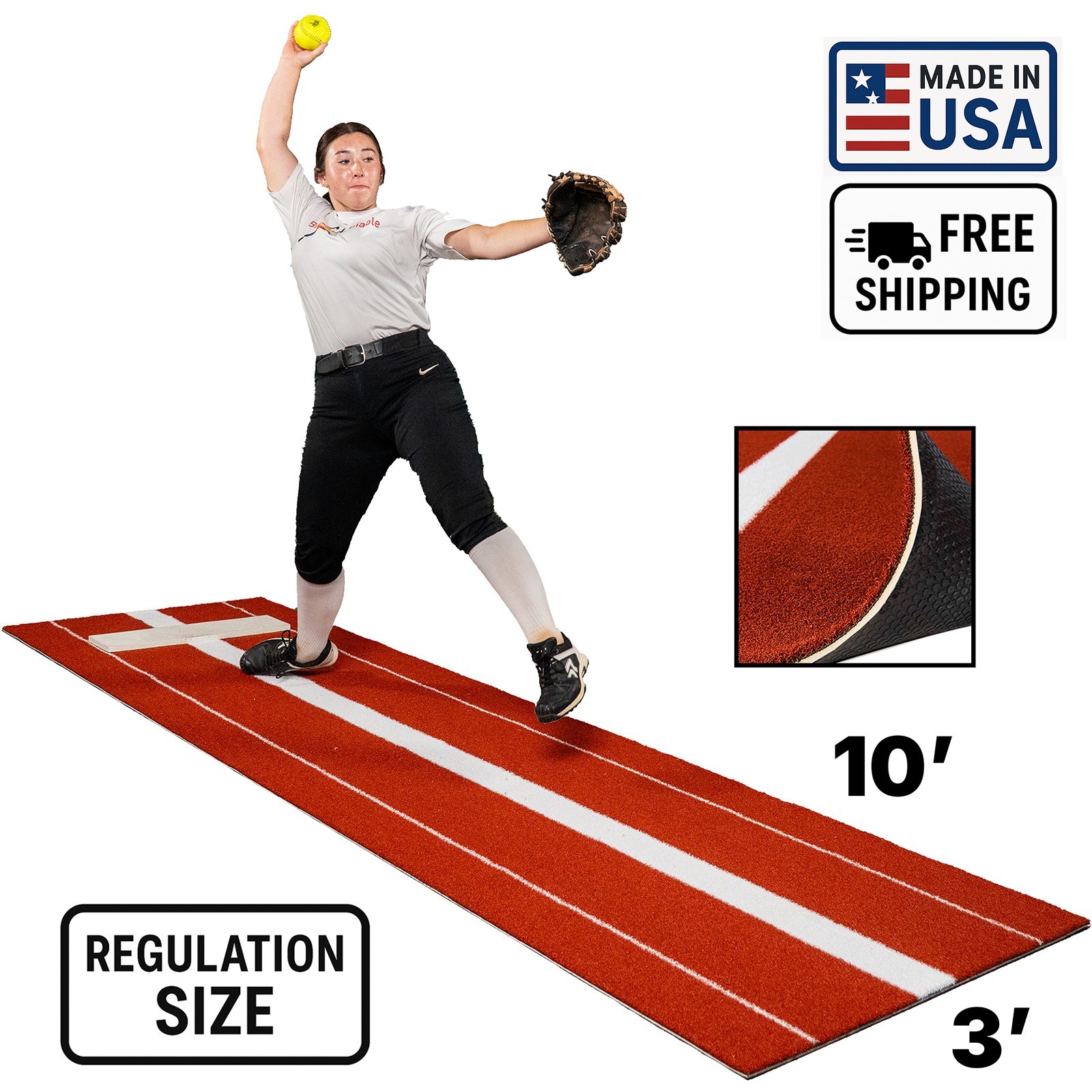 USA-Made Regulation Softball Pitching Mat 3×10 Clay – Pro Turf with Rubber
