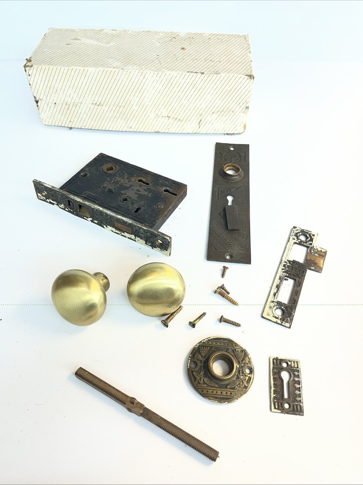 Antique RH Company Mortise Lock Set Brass Knobs Escutcheons Complete