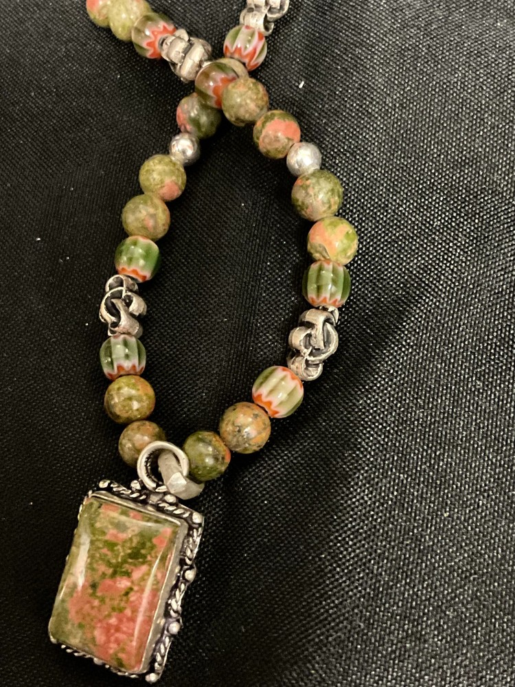 Multicolored Beaded Necklace with Rectangle Framed Pendant