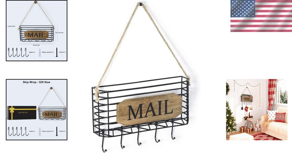 Compact Rustic Key Holder and Mail Organizer - Wall Mounted for Easy Access