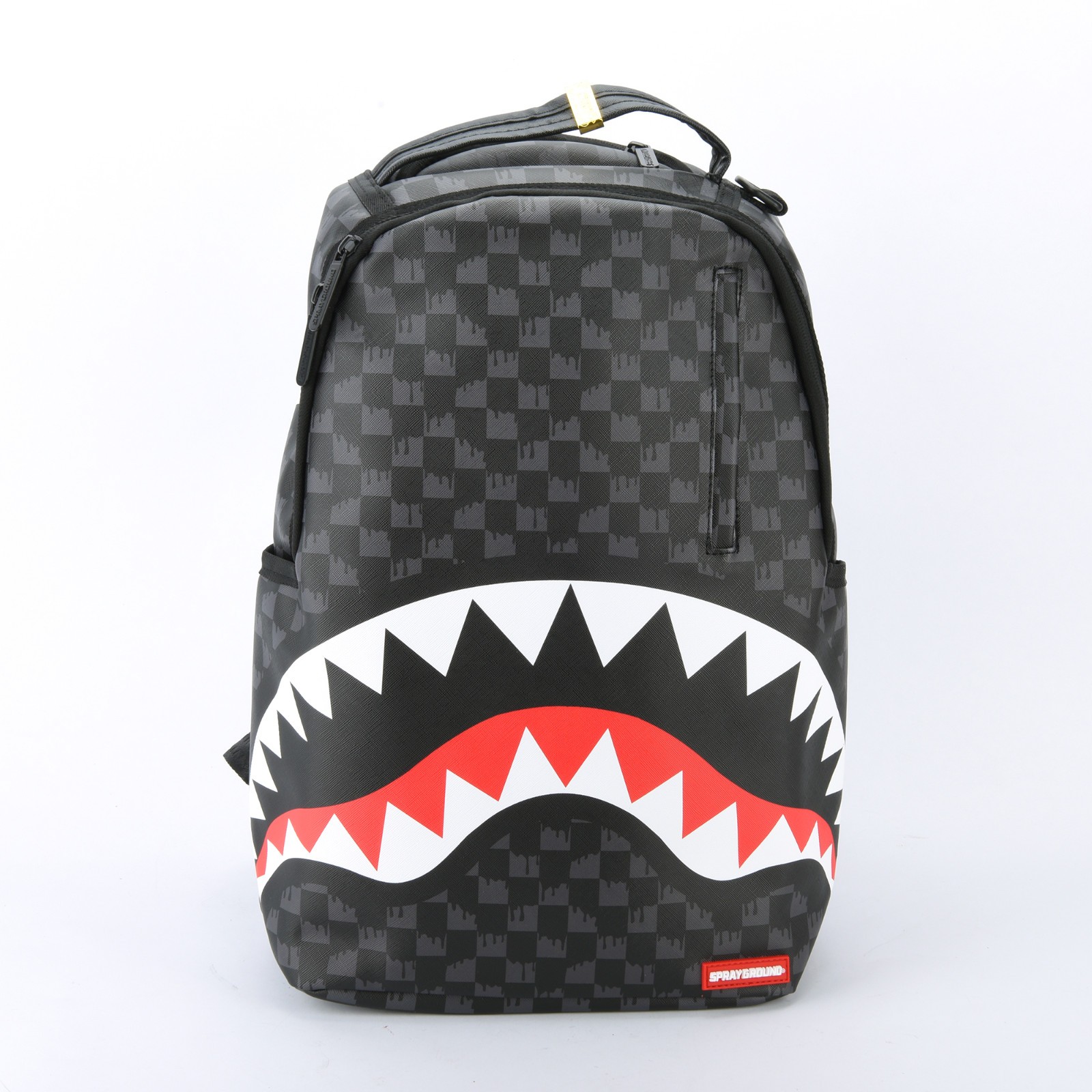Sprayground Shark Drip Checkerboard Leather Bag Backpack Unisex Black Gray Plaid