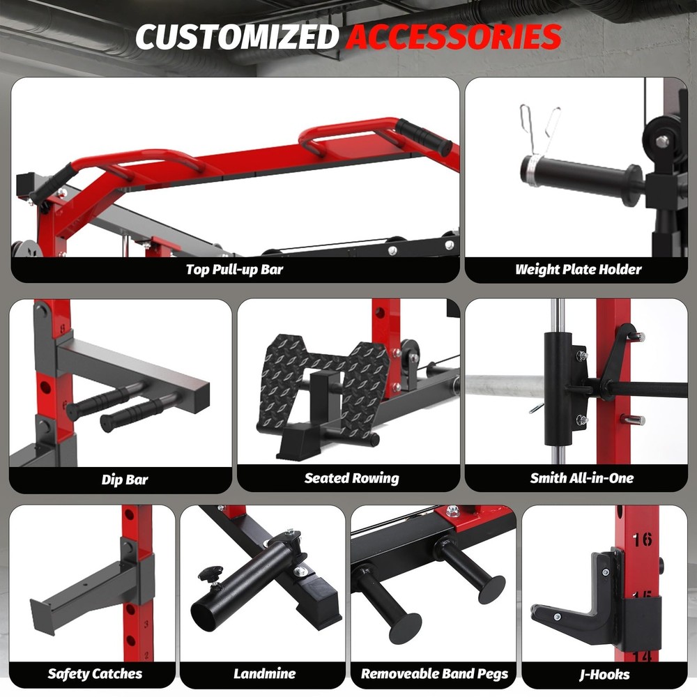 Smith Machine Power Cage Rack with Pulley System Multifunctional Workout Machine