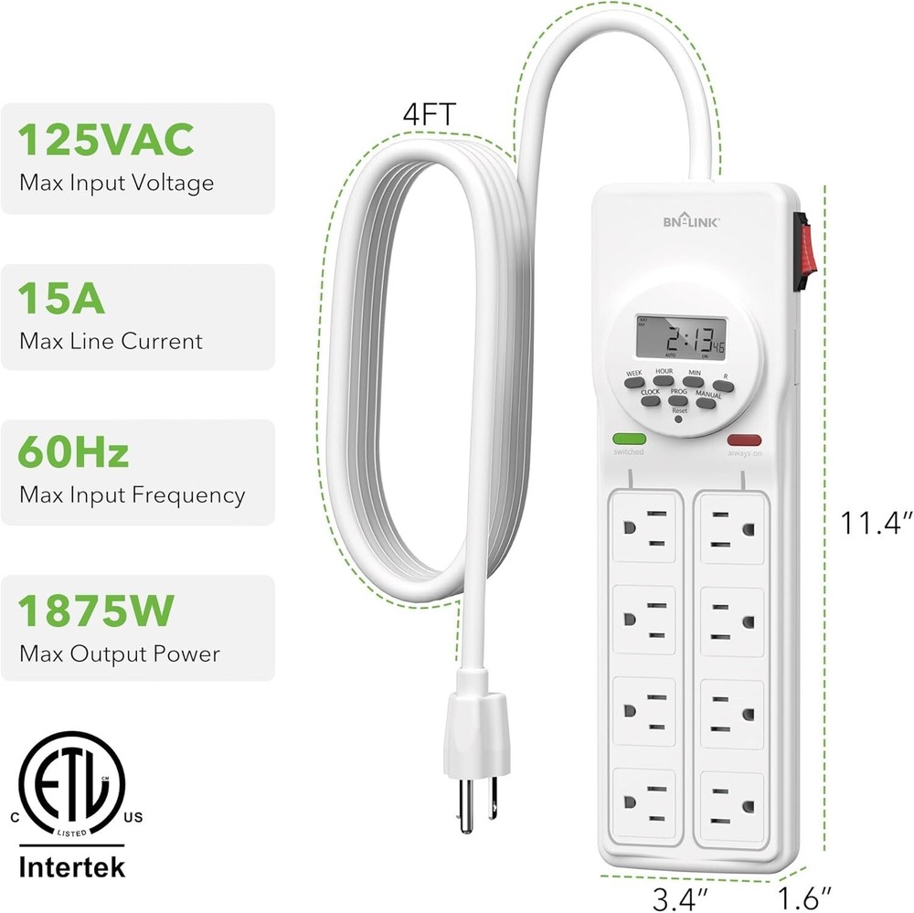 BN-LINK 8 Outlet Surge Protector with 7-Day Digital Timer Overload Protection