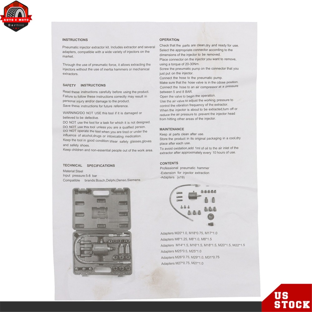 Diesel Engine Repair Tool Pneumatic Injector Extractor Puller Set 72-116PSI