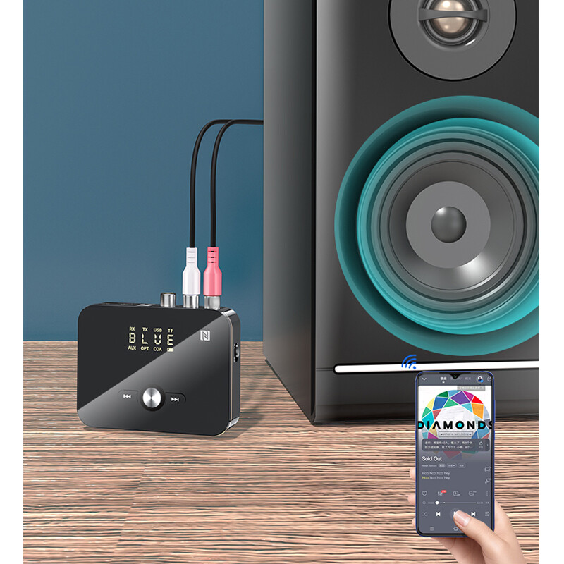 Bluetooth 5.0 Receiver Transmitter Wireless 3.5mm AUX NFC to 2 RCA Audio Adapter