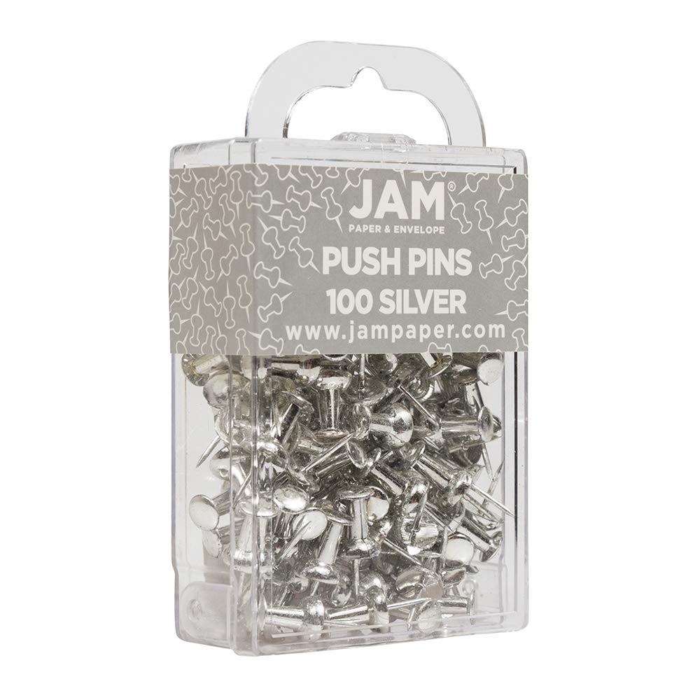 JAM PAPER Colorful Push Pins 100-Pack Silver Thumbtacks for Office Map