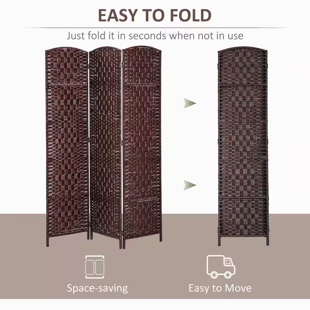 6 Ft Tall Brown Wicker Weave 3 Panel Room Divider Privacy Screen