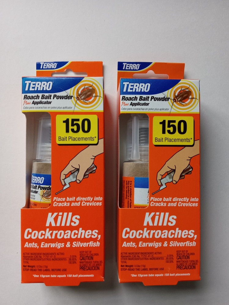 Lot 2 TERRO Roach Bait Powder+Applicator Kills Cockroach Ants Earwigs Silverfish