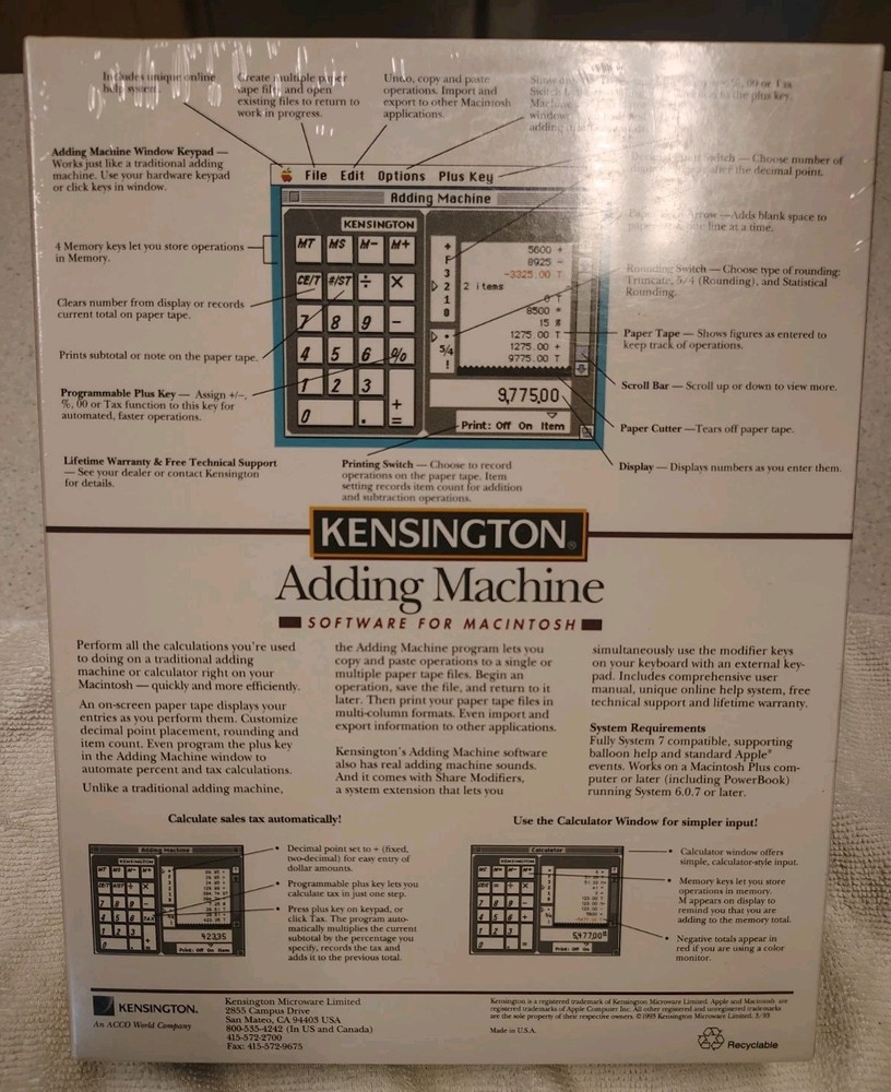 Kensington Adding Machine Software For Macintosh System 7 Vintage New Sealed! 💾