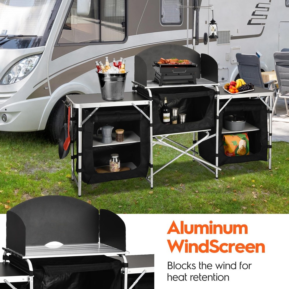 Cmaping KitchenTable, Aluminum Folding Camping Cook Station with Windshield, ...