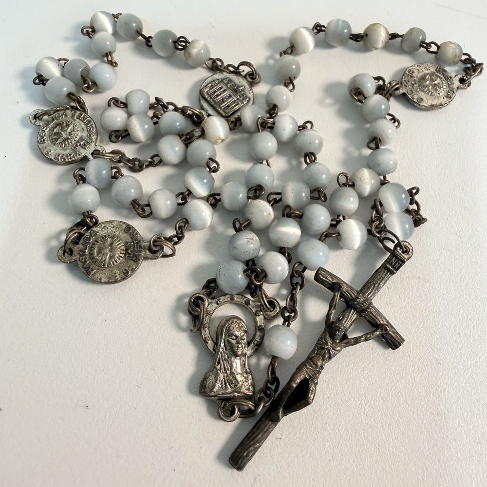 Vintage ROMA Italy White Glass Rosary