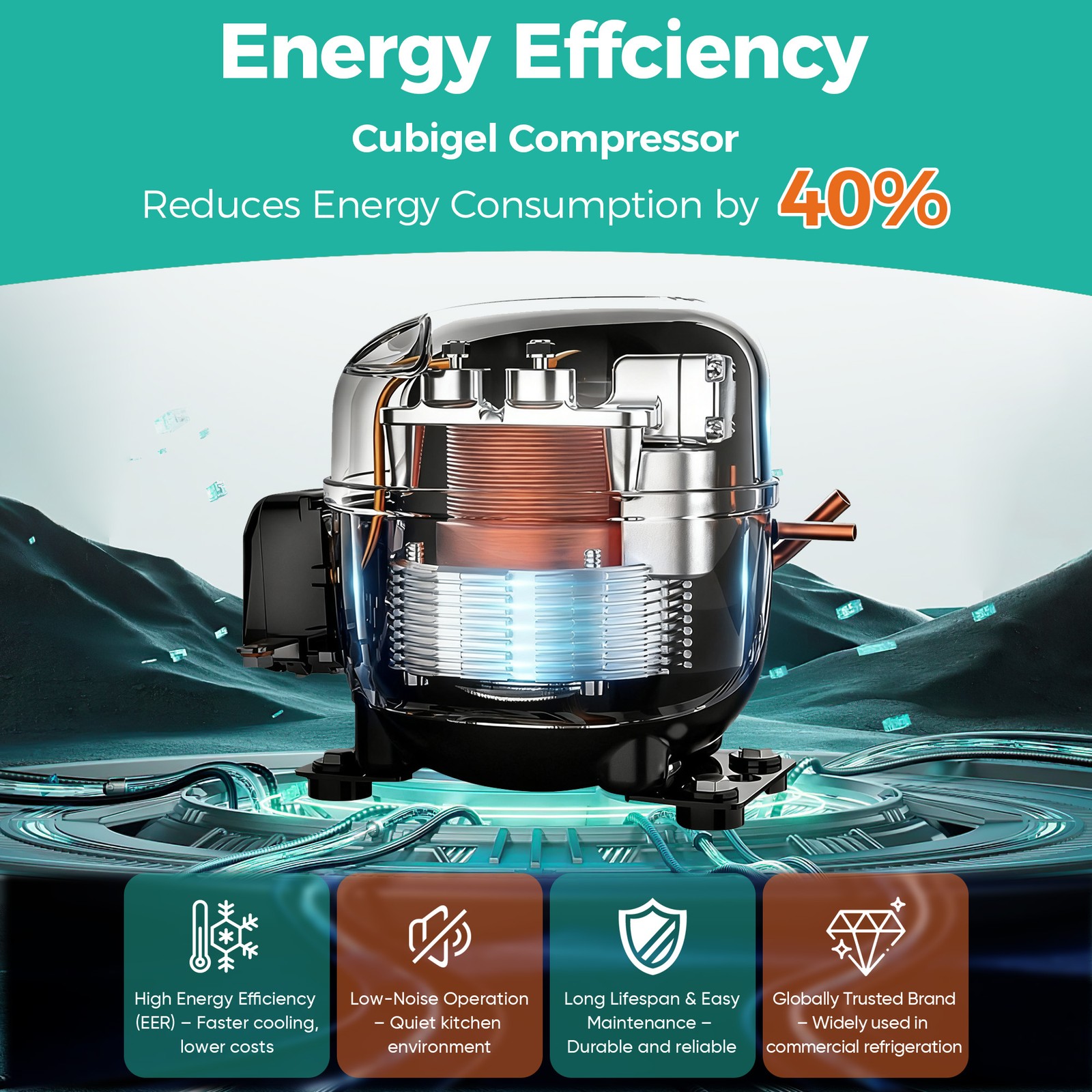 54"Commercial Freezer 49Cu.Ft 4 Door Stainless Steel -8~0℉ Air Cooling 6 Shelves