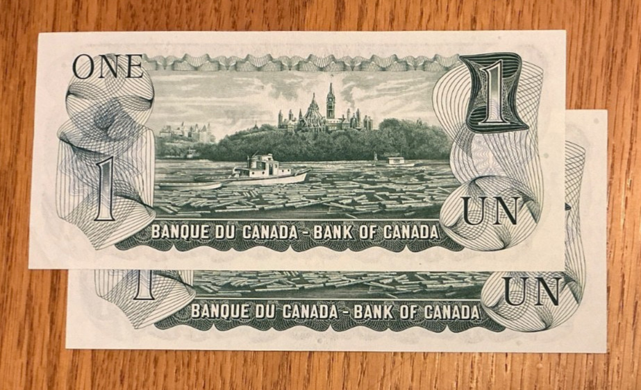 Mogi9 Canada BC-46b UNC consecutive pair one dollar 1973 paper notes